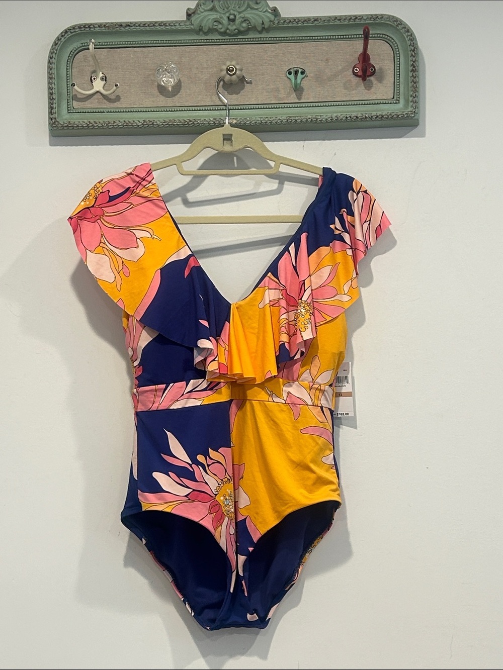 Trina Turk Navy, Orange, Pink Floral Ruffle v neck One-Piece Swimsuit 12 women’s